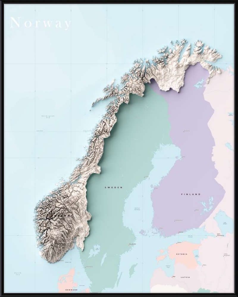 Mapa de relieve sombreado de Noruega: territorio cartografiado