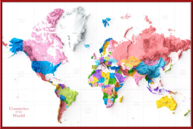 Países del mundo en relieve sombreado (en color y con etiquetas)