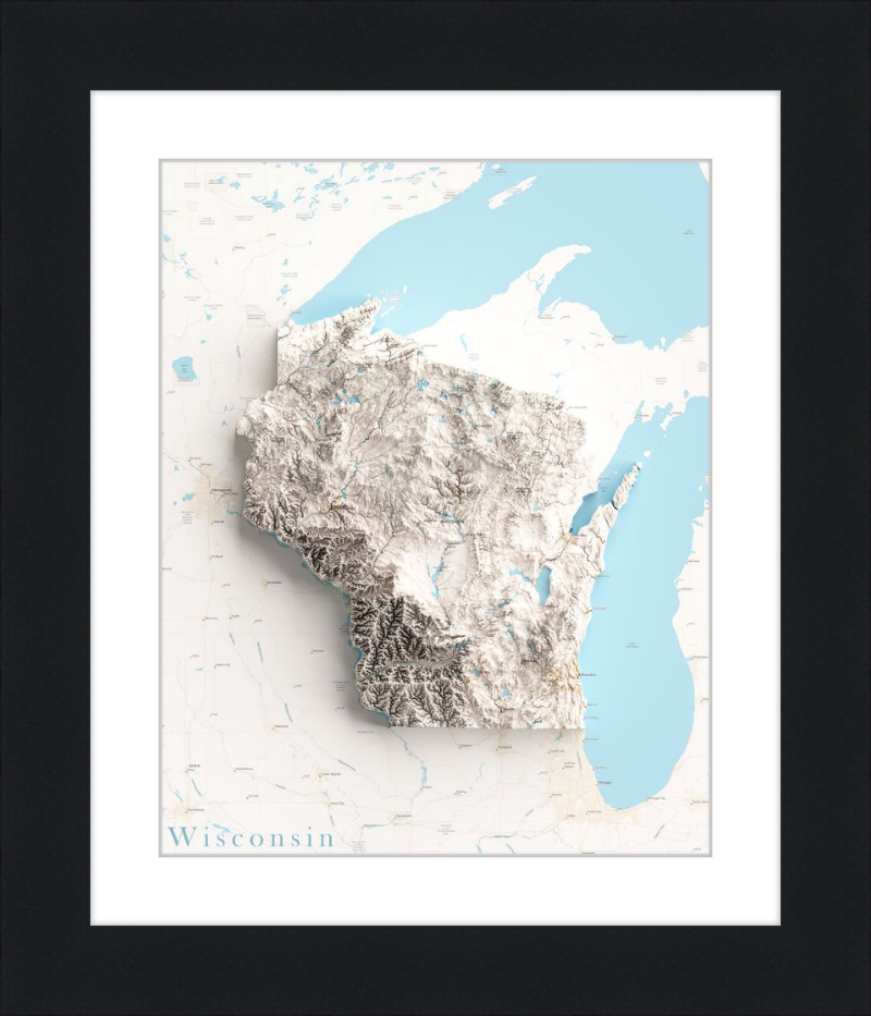 Mappa in rilievo ombreggiato del Wisconsin - Territorio tracciato