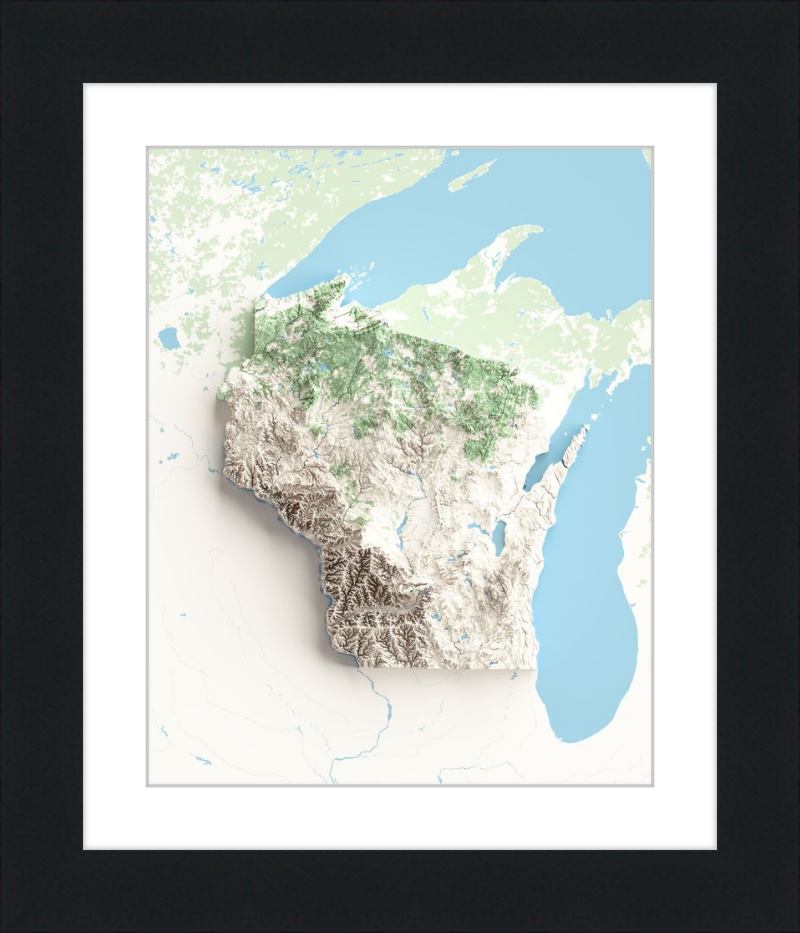 Mappa topografica del Wisconsin in rilievo ombreggiato