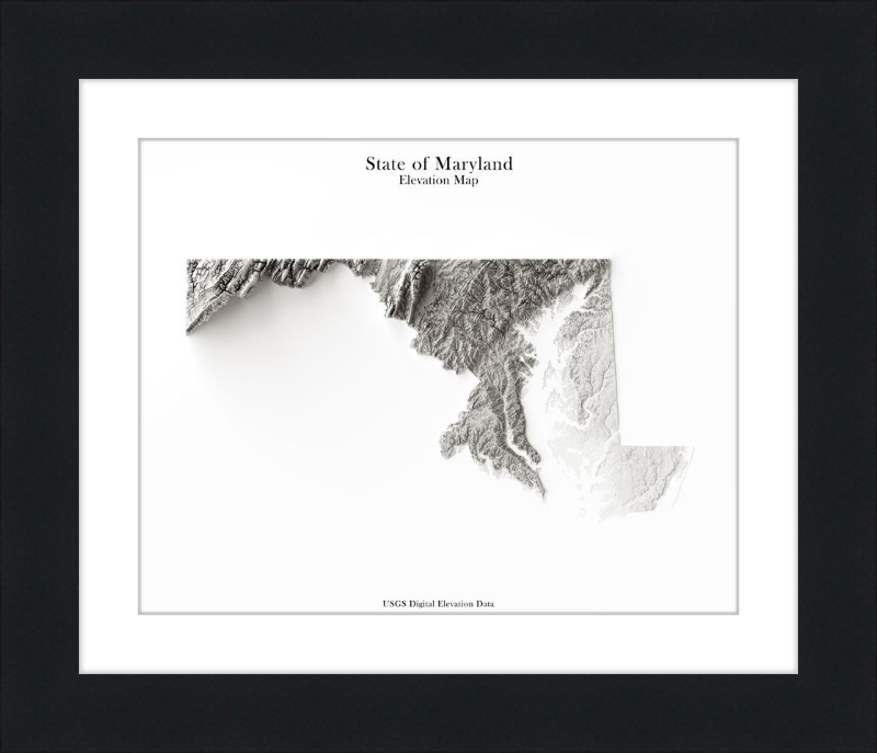 Mapa de relieve sombreado de Maryland - Monocromo