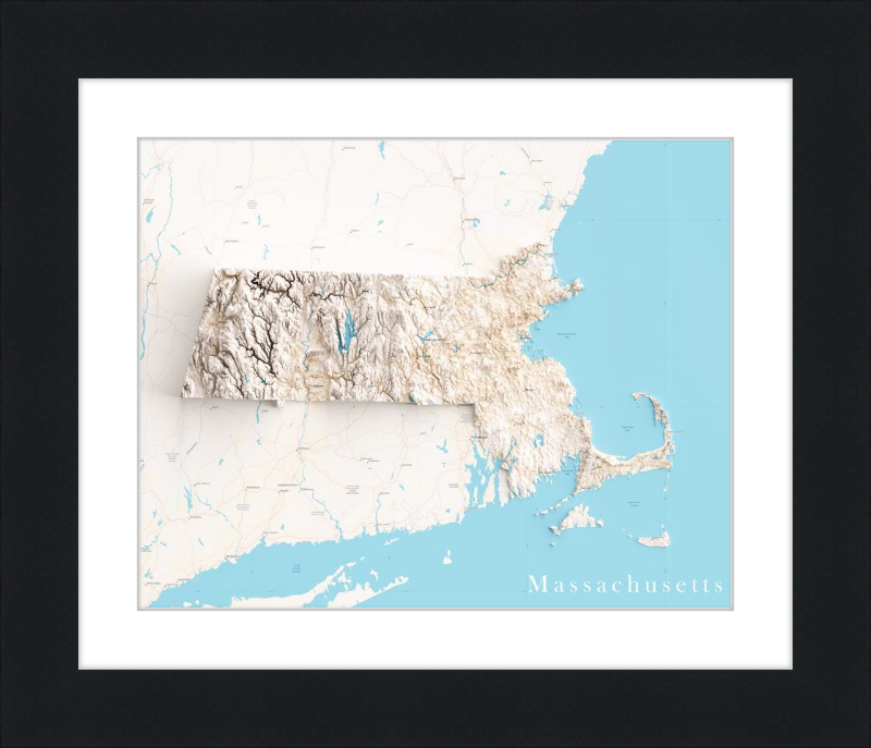 Mappa del Massachusetts in rilievo ombreggiato - Territorio tracciato