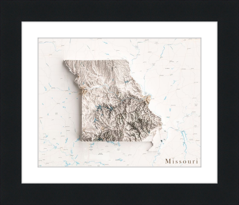 Mapa de relieve sombreado de Missouri: territorio cartografiado