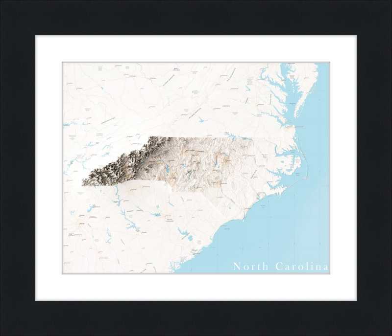 Mapa de relieve sombreado de Carolina del Norte: territorio cartografiado