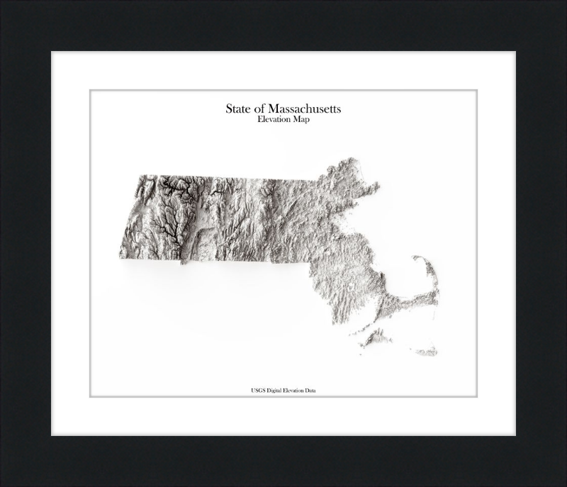 Mapa en relieve sombreado de Massachusetts - Monocromo