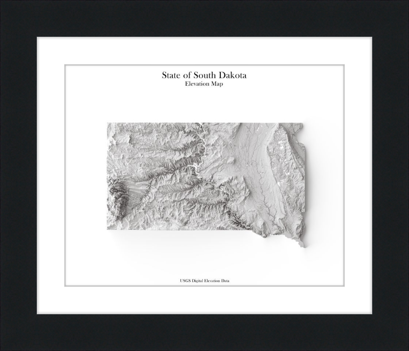 South Dakota Shaded Relief Map - Monochrome