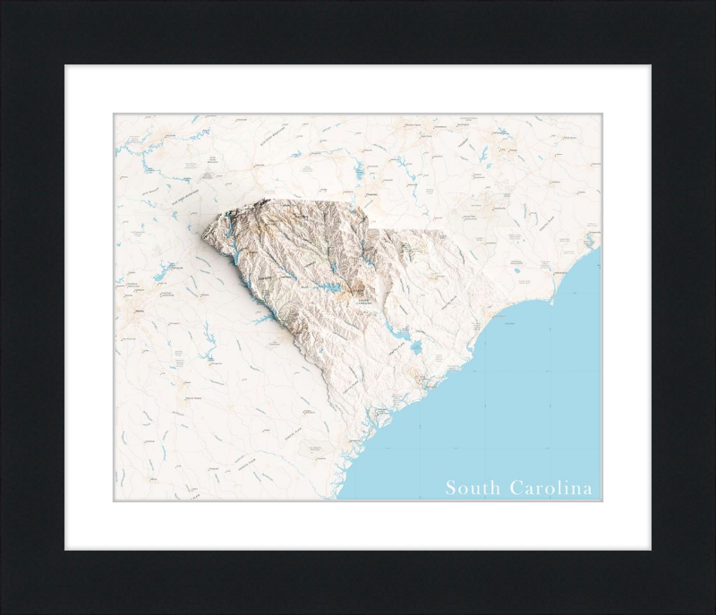 Mapa de relieve sombreado de Carolina del Sur: territorio cartografiado