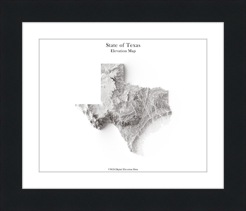 Mappa del Texas in rilievo ombreggiato - Monocromatico