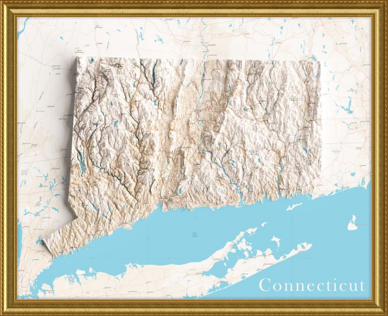 Mappa del Connecticut in rilievo ombreggiato - Territorio tracciato