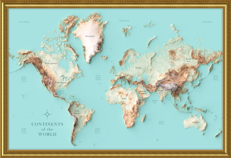 Continents of the World Shaded Relief Map