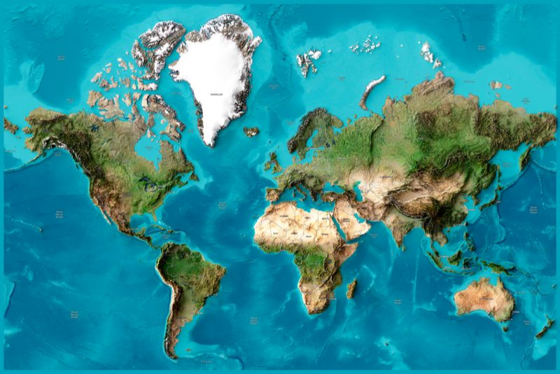 Mapa del mundo en relieve sombreado: imágenes satelitales con etiquetas