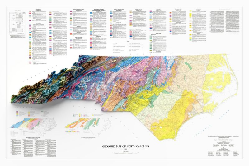 Mappa geologica della Carolina del Nord - 1985 - Rilievo ombreggiato