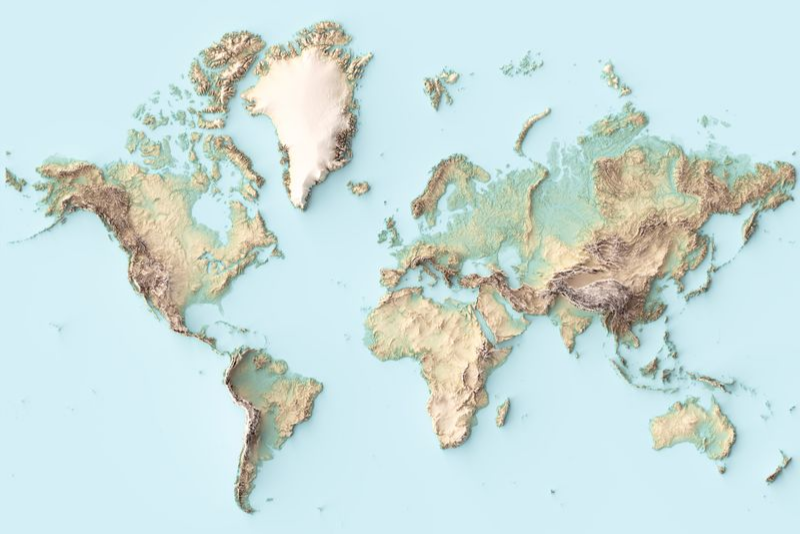 World Shaded Relief - Earth Tones with Blue Background