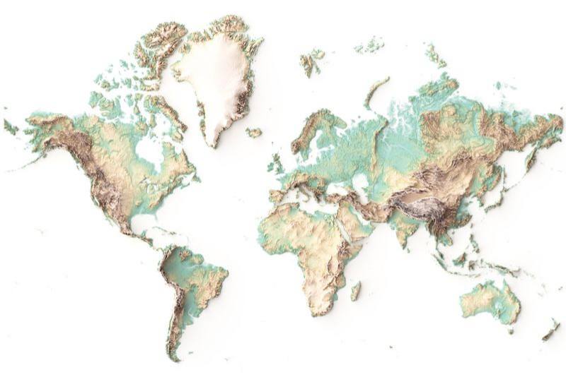 Relieve sombreado mundial: tonos tierra